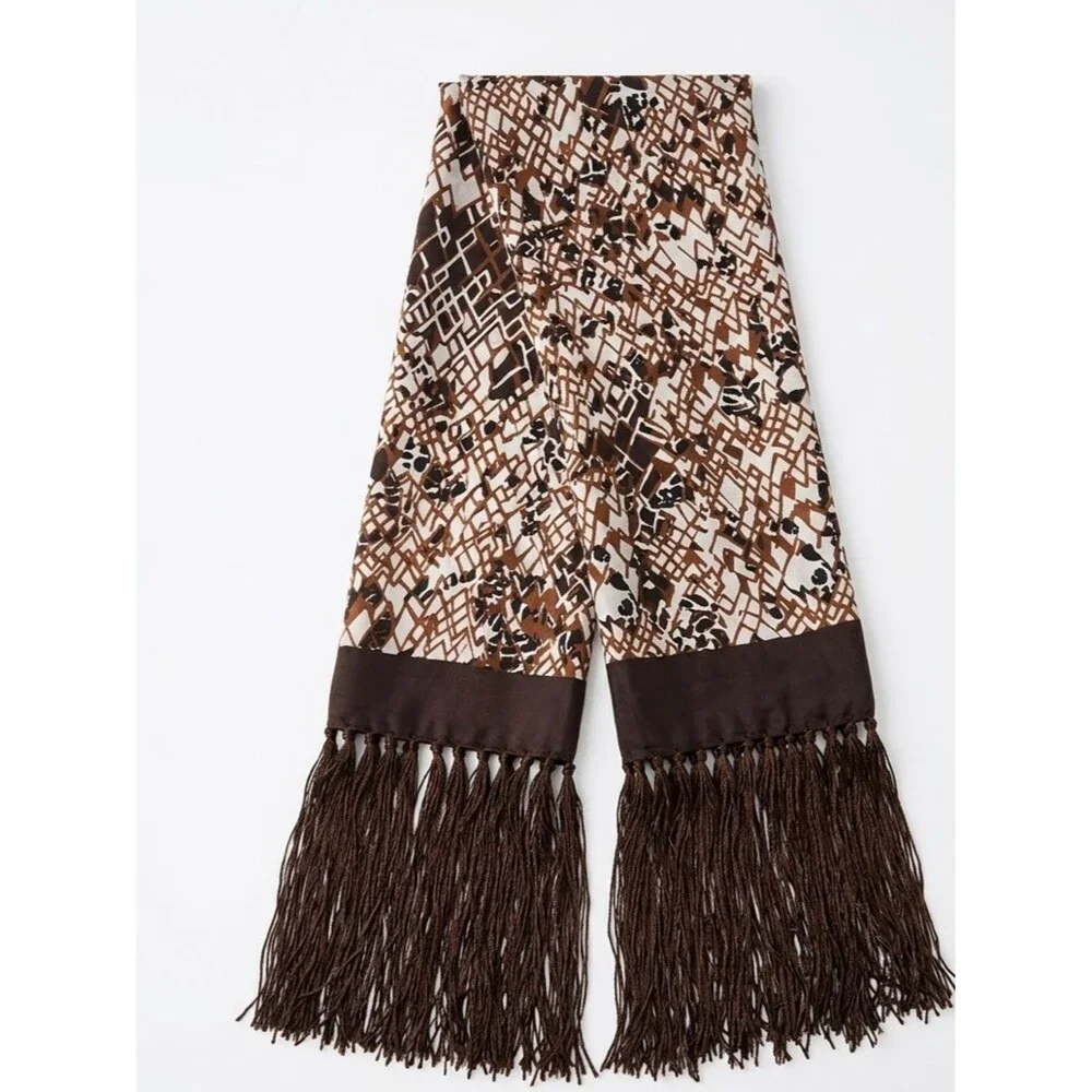 Doncaster 100% Silk Scarf Shawl Brown Geometric Print Long Tassel Fringe 74x21